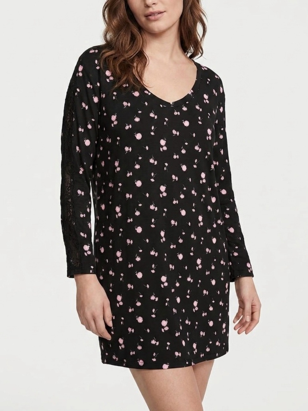 Victoria's Secret Floral Lace Sleepshirt S Black Pink Modal Coquette Romantic